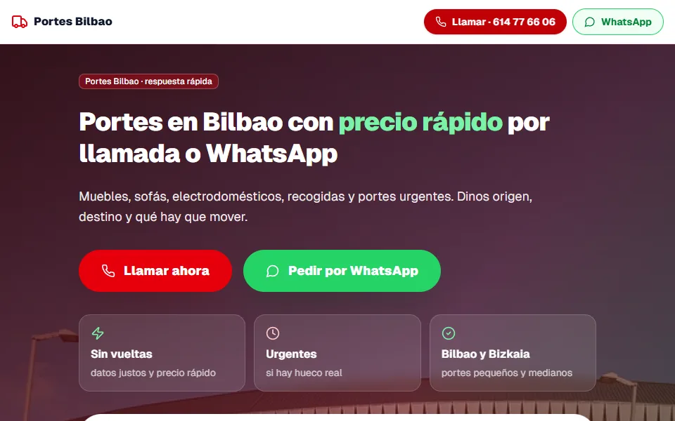 Captura real de la página de inicio de Portes Bilbao